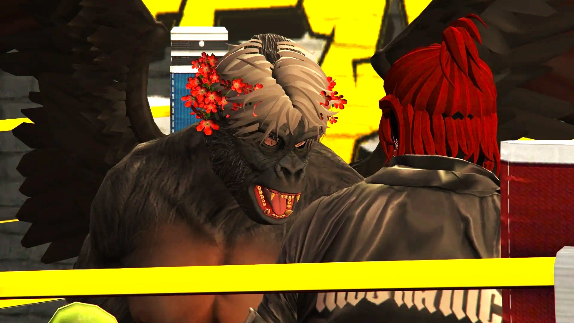 ゴリラに翼の姿をした岡崎りる選手が、対戦相手を圧倒し、勝利の雄叫びを上げているシーン。リング中央でスポットライトを浴びている。