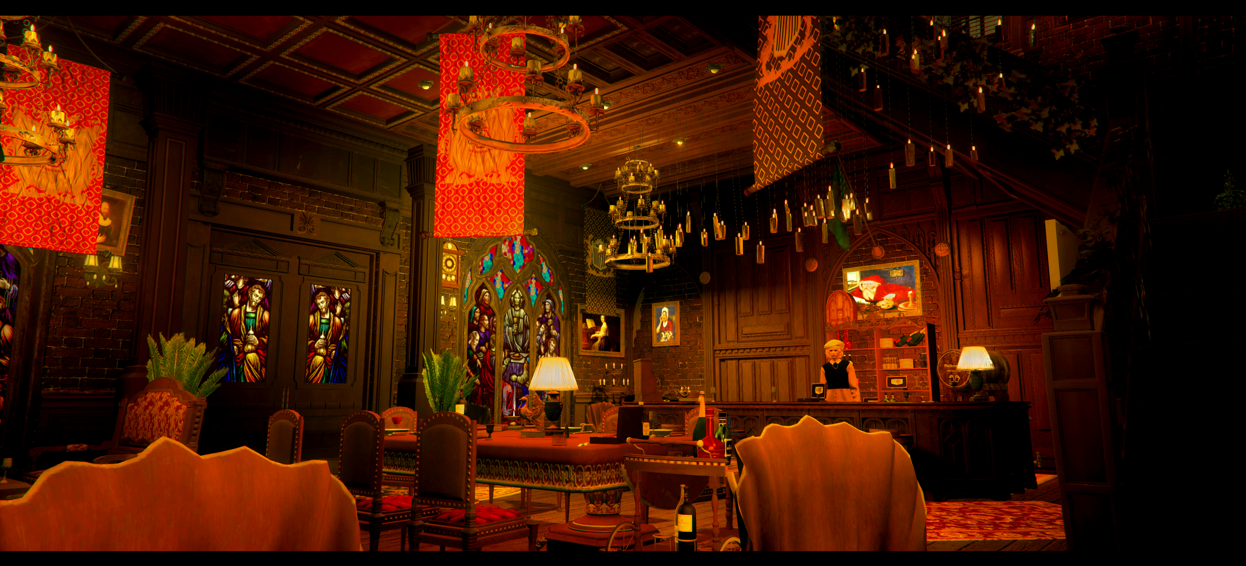 温かい光が漏れる入口とモダンな室内