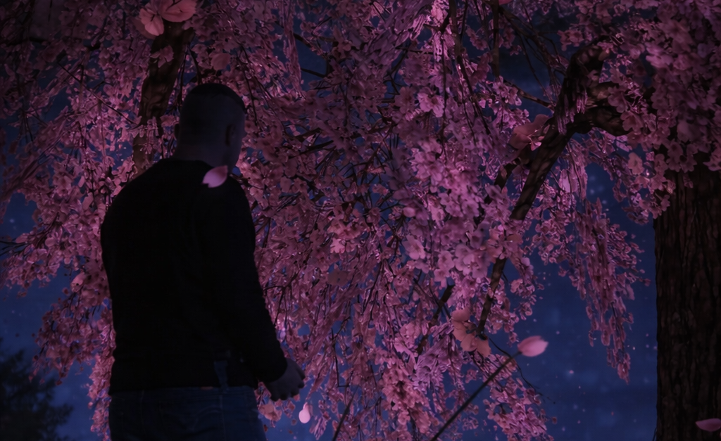 花びらが舞い散る中、深く願いを込めるプレイヤーのシルエット。