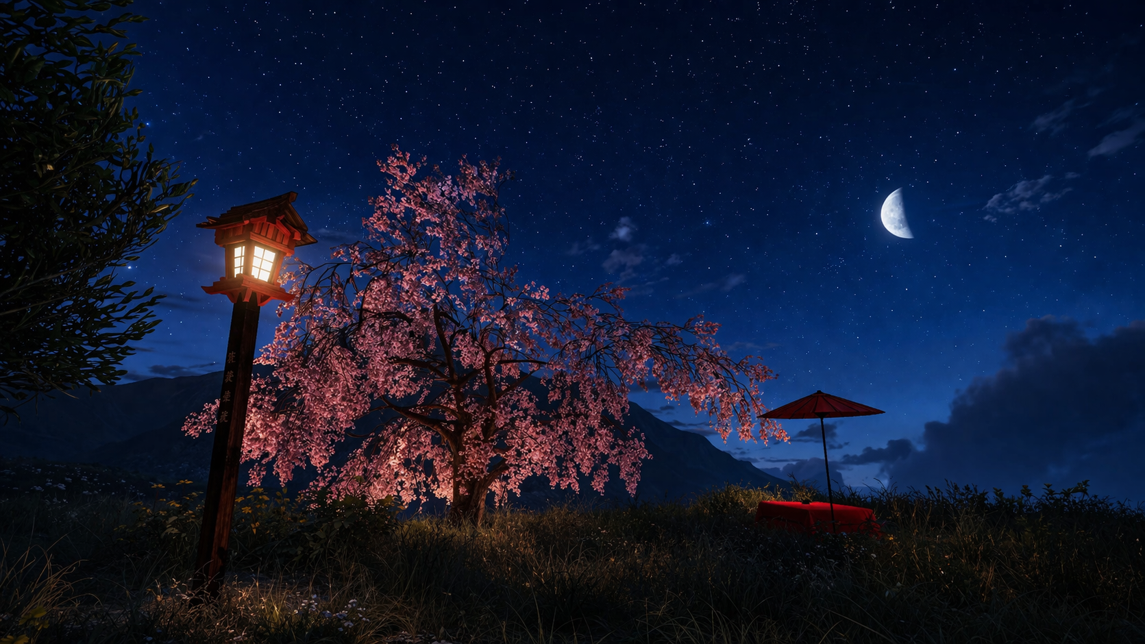 CLOWNの夜の街にひっそりと佇む、美しく輝く枝垂れ桜。