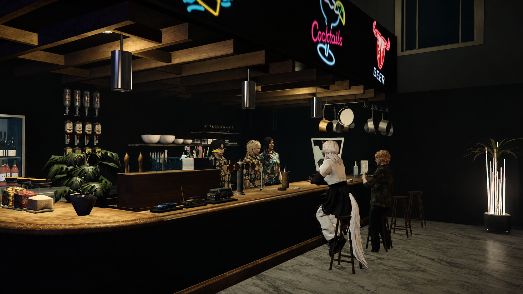 華やかなネオンサインと高級感あふれるBar Fumbleのエントランス。夜のCLOWNの街並みが背景に見える。